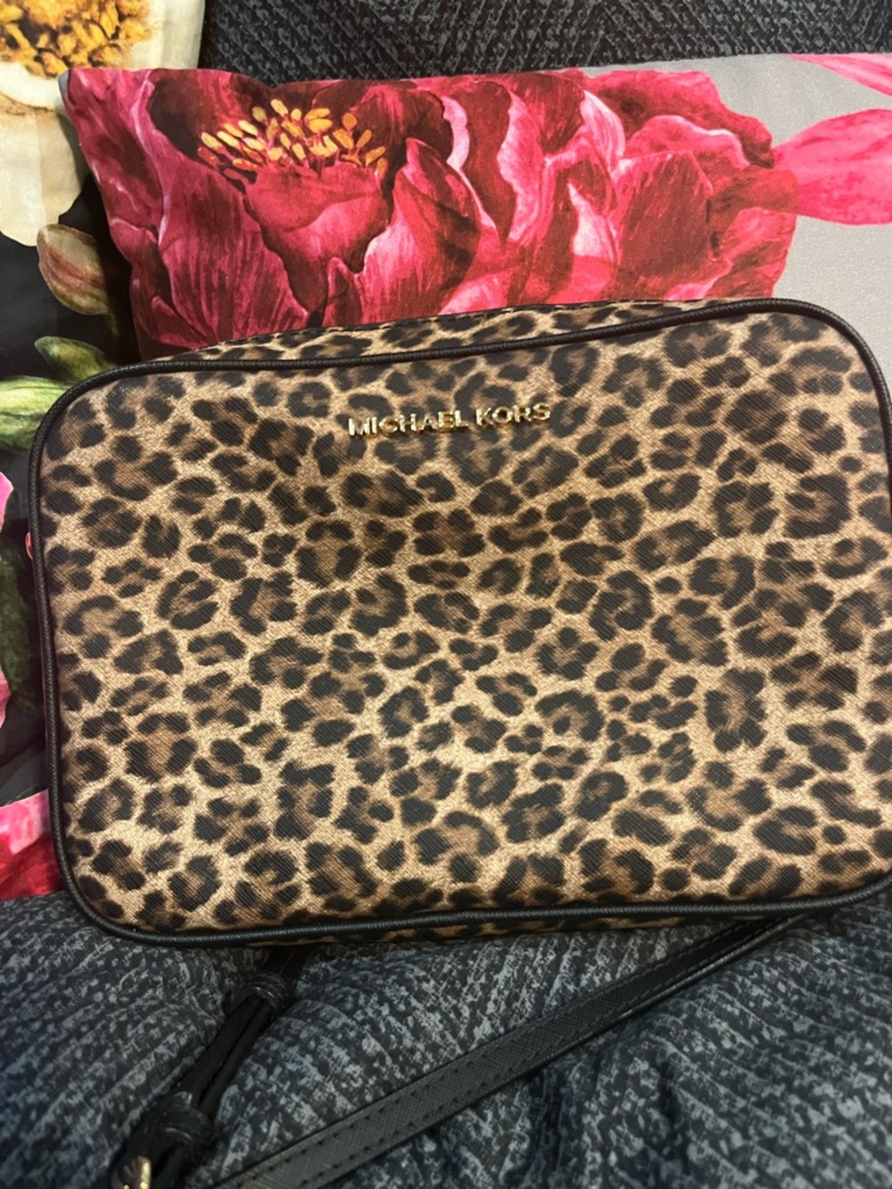 Michael Kors Leopard Print Crossbody in Brown and Black with Gold Logo